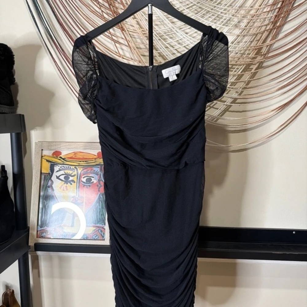 Black Ruched Mesh-Sleeve Dress by Adrianna Papell